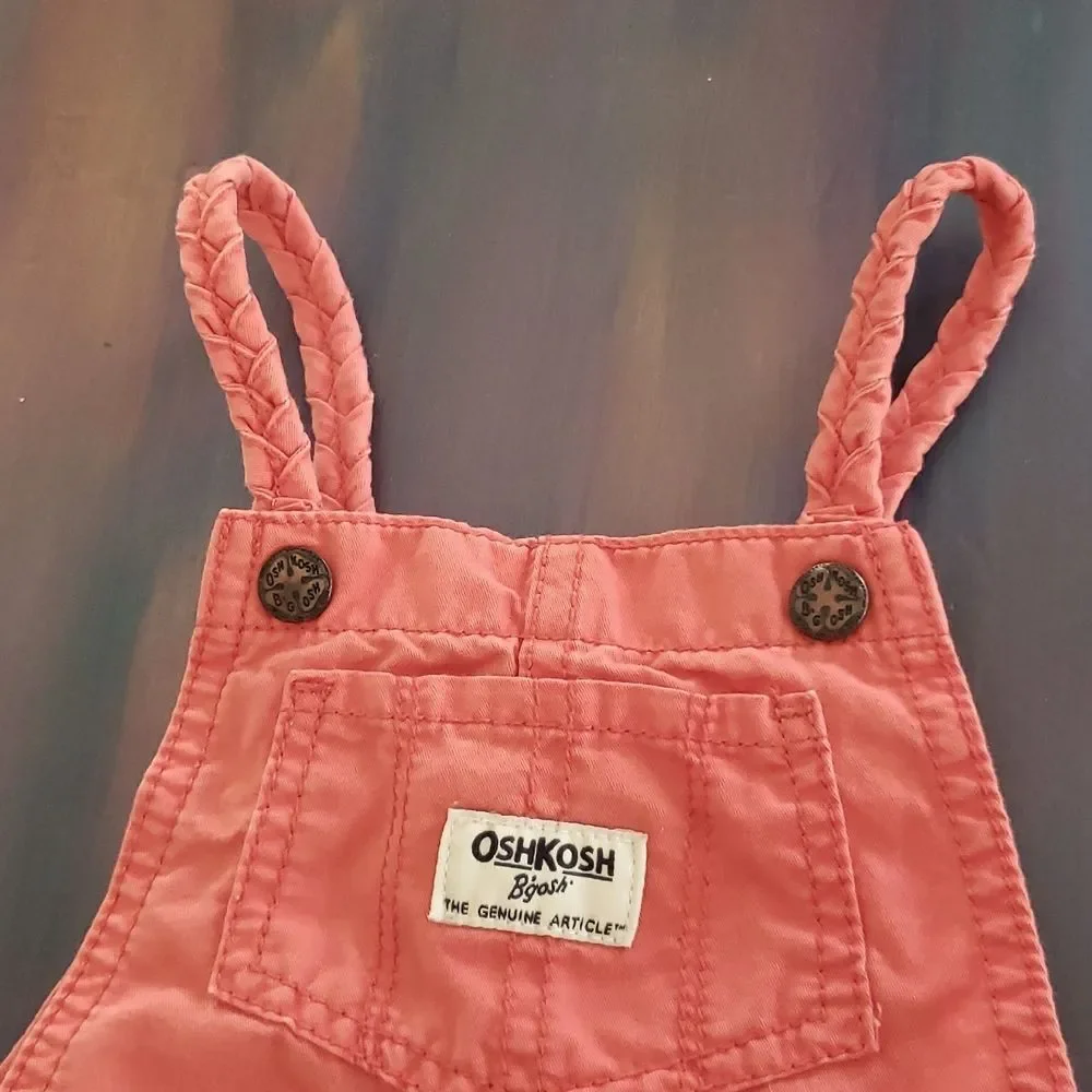 Oshkosh B'gosh Coral Overalls - Embroidered Floral Accents Braided Straps Sz 18M